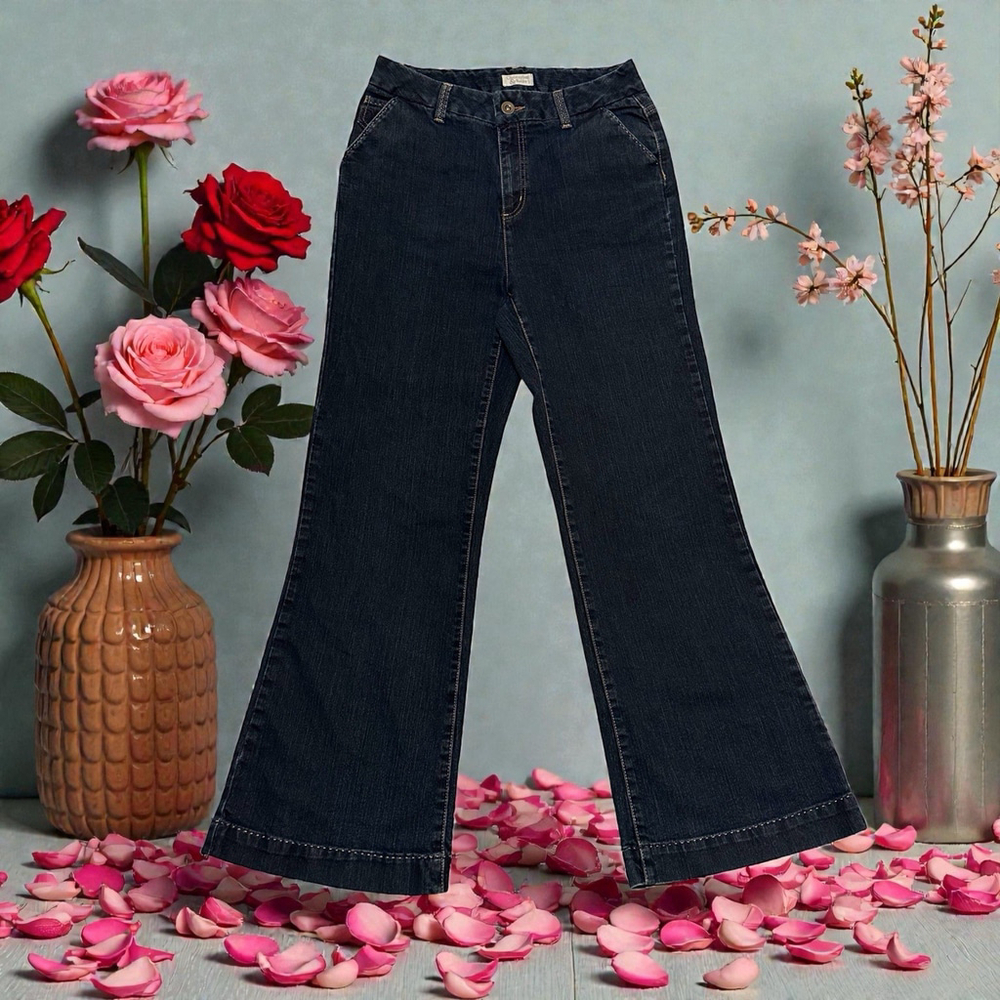 Christopher & Banks Flare Jeans Womens 10 BLUE 32” Inseam High-Rise Distressed
